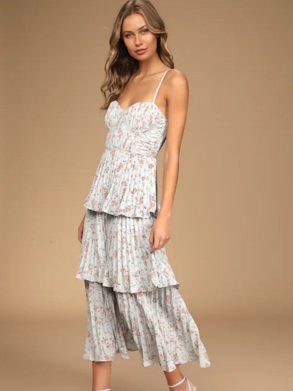 Lulu's Cascading Crush Pale Blue Floral Print Tiered Bustier Midi Dress